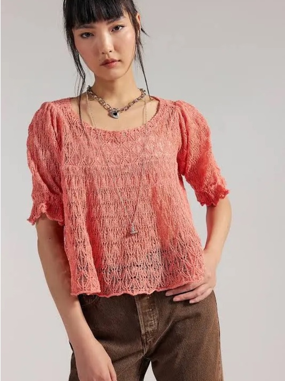 NWT new medium free people moonstruck babydoll blouse top crochet coral knit